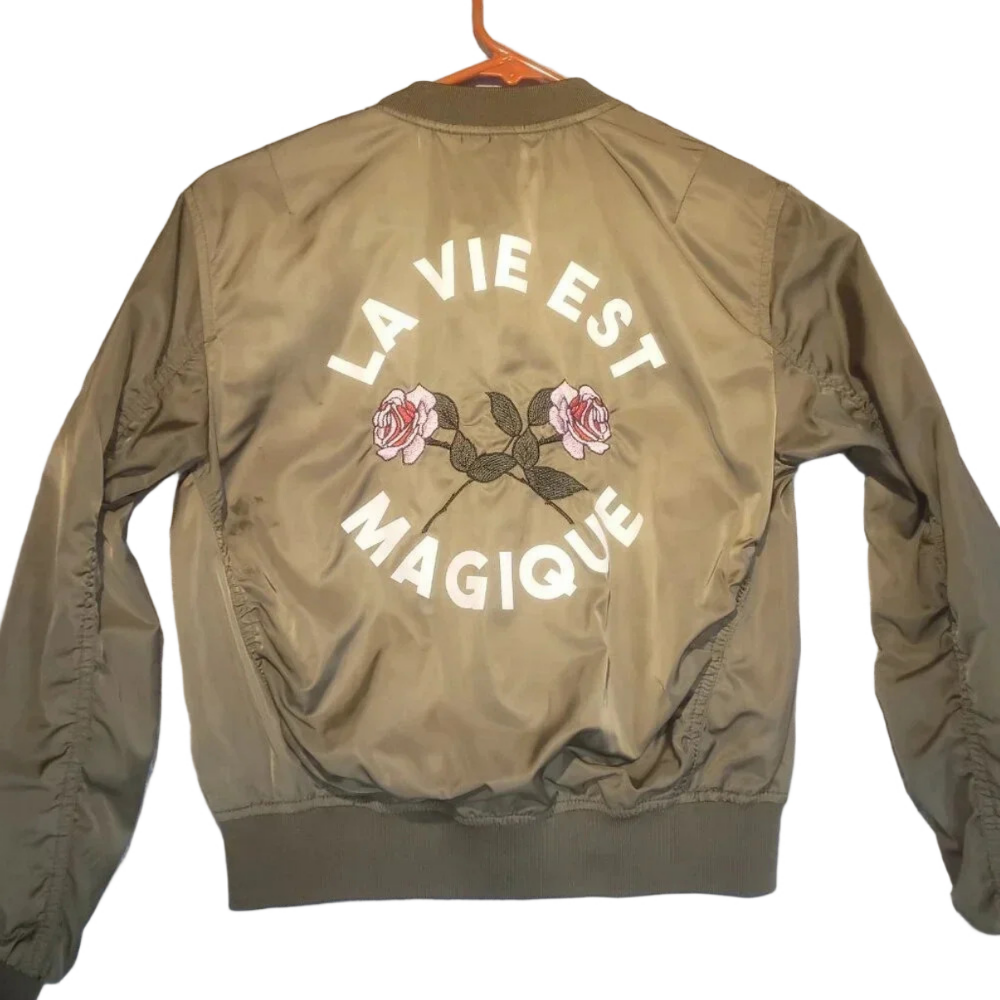 H&M Olive Green "La Vie Est Magique" Girl's Bomber Jacket Size US 10-11Y